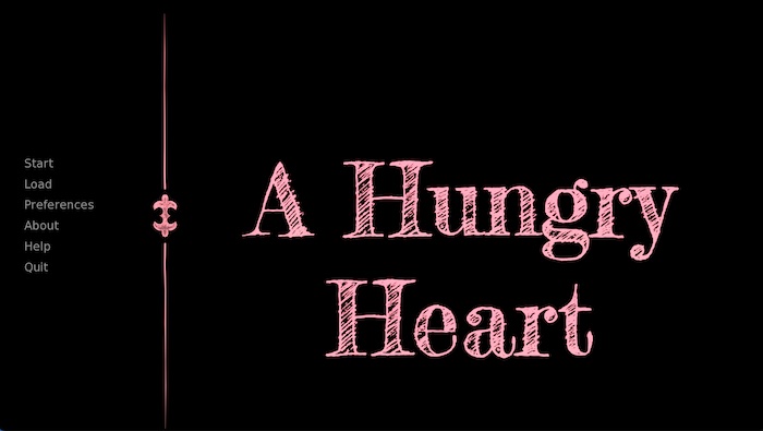 "Main menu screen for game A Hungry Heart, everything is pink and white on black including title text"