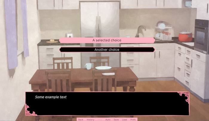 "Screenshot of the same scene. UI colours are now pink and white on black"