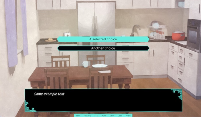 "Screenshot of the same scene. UI colours are now light green and white on black"