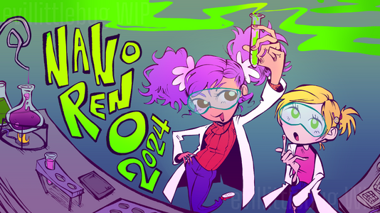 "Plum and Lemon, drawn in a stretchy cartoon style, are wearing labcoats and standing behind a lab table. Plum triumphantly holds a vial with green, steaming liquid, while Lemon watches curiously. Text reads NaNoRenO 2024."