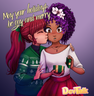 "Plum holds a small empty present box, shocked, while Cherry happily kisses her on the cheek. Text reads 'May your holidays be gay and merry'."