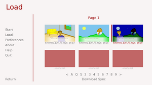 A grid of six saveslots in Ren'Py. Each saveslot has a screenshot and shows when it was last saved to.