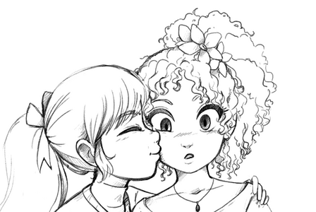 "A sketch version of the art contained in Day 17, cropped to show the girls' heads and shoulders. Cherry kisses Plum on the cheek."