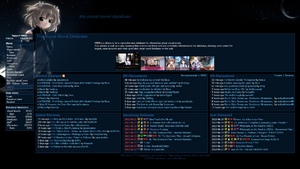 Screenshot of The Visual Novel Database's homepage for a guest user featuring the default dark blue and black theme