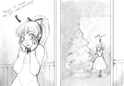 "Sketch. In the foreground left, Cherry looks embarrassed and sad. Text says 'Forgot to pack her gift and panicked'. On the right, Plum can be seen through a doorway, happily standing next to a Christmas tree. Text says 'Didn't notice'."